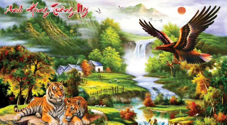 Bức tranh Anh Hùng Tương Ngộ với hình ảnh hổ và đại bàng đang đương đầu nhau, một là vua của rừng xanh, một là bá chủ bầu trời.